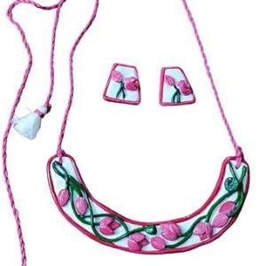 DHALI HOUSE Lotus Design Hasuli Clay Jewelry Set | Handmade Cotton Thread Necklace with Matching Earrings | Traditional Indian Artificial Jewelry for Women and Girls (Pink)