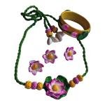 DHALI HOUSE Flower Design Clay Jewelry Set | Beautiful Handmade Cotton Thread Necklace with Matching Earrings | Traditional Indian Artificial Jewelry for Women and Girls (Green-Pink)