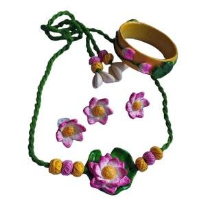 DHALI HOUSE Flower Design Clay Jewelry Set | Beautiful Handmade Cotton Thread Necklace with Matching Earrings | Traditional Indian Artificial Jewelry for Women and Girls (Green-Pink)