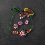 DHALI HOUSE Flower Design Clay Jewelry Set | Beautiful Handmade Cotton Thread Necklace with Matching Earrings | Traditional Indian Artificial Jewelry for Women and Girls (Green-Pink)