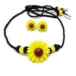 DHALI HOUSE Sunflower Clay Jewelry Set | Handmade Necklace with Black Braided Cord and Matching Earrings | Traditional Indian Artificial Jewelry for Women and Girls (Yellow-Black)