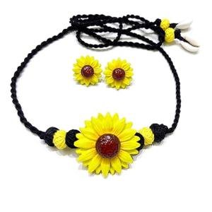 DHALI HOUSE Sunflower Clay Jewelry Set | Handmade Necklace with Black Braided Cord and Matching Earrings | Traditional Indian Artificial Jewelry for Women and Girls (Yellow-Black)