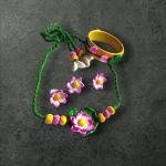 DHALI HOUSE Flower Design Clay Jewelry Set | Beautiful Handmade Cotton Thread Necklace with Matching Earrings | Traditional Indian Artificial Jewelry for Women and Girls (Green-Pink)